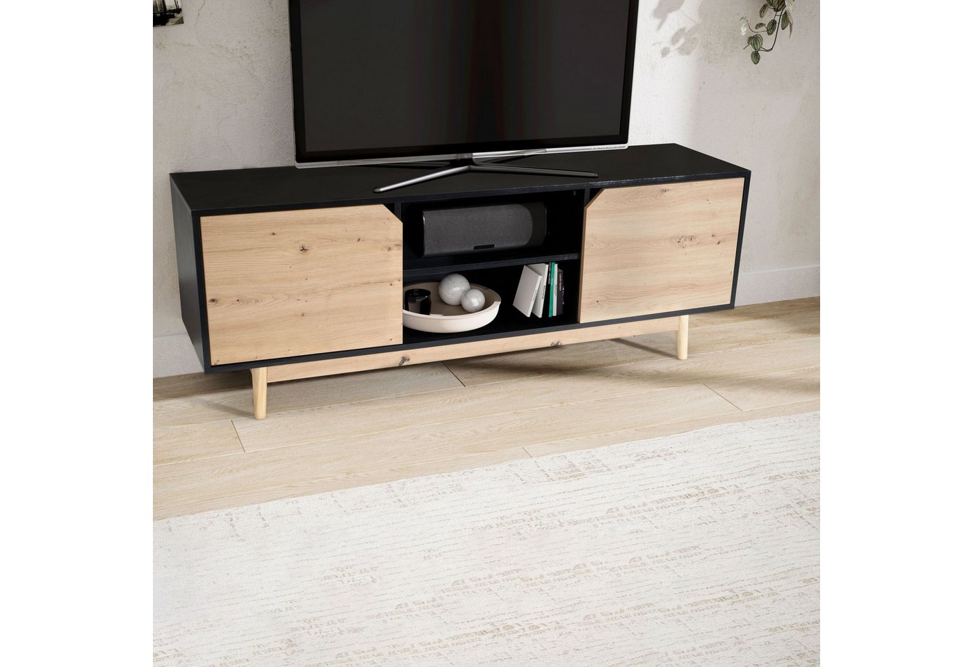 FINEBUY Lowboard FB100037 (Schwarz Eiche-Dekor, 150x55x40 cm, zwei Türen), TV-Kommode Hoch, TV-Schrank Modern Fernsehtisch von FINEBUY