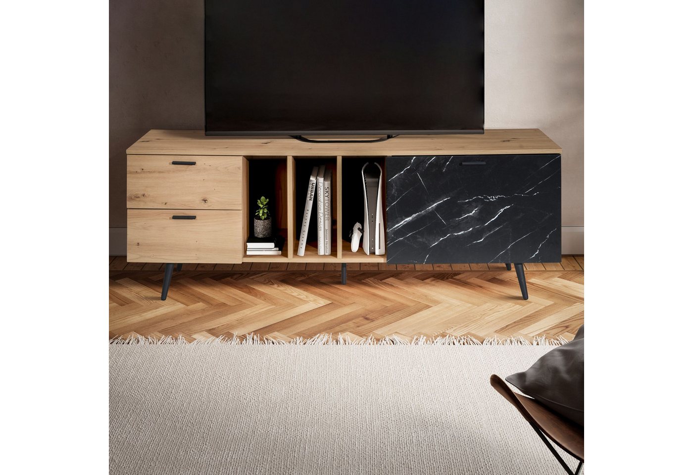 FINEBUY Lowboard FB100039 (Eiche-Dekor, 150x55x40 cm, Marmor, zwei Schubladen), TV-Kommode Hoch, TV-Schrank Modern Fernsehtisch von FINEBUY