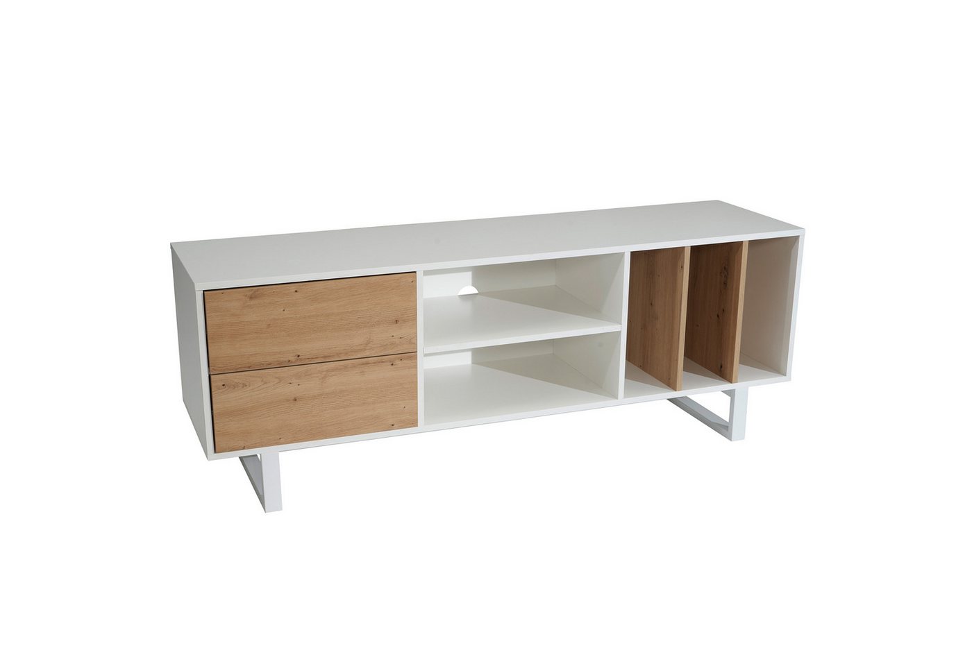 FINEBUY Lowboard FB56045 (Weiß / Eiche-Dekor, 150x55x40 cm, zwei Schubladen), TV-Kommode Hoch, TV-Schrank Modern Fernsehtisch von FINEBUY