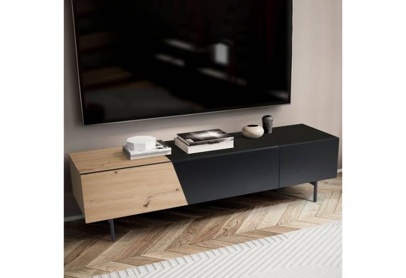 FINEBUY Lowboard FB56048 (Schwarz / Eiche-Dekor, 150x40x40 cm, zwei Türen), TV-Kommode Niedrig, TV-Schrank Modern Fernsehtisch von FINEBUY