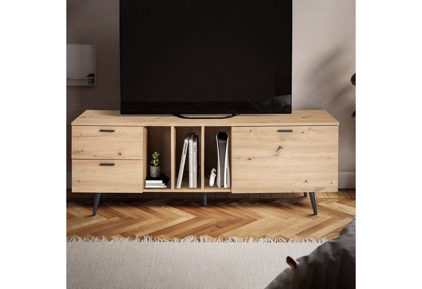 FINEBUY Lowboard FB56055 (Eiche-Dekor, 150x55x40 cm, zwei Schubladen), TV-Kommode Hoch, TV-Schrank Modern Fernsehtisch von FINEBUY