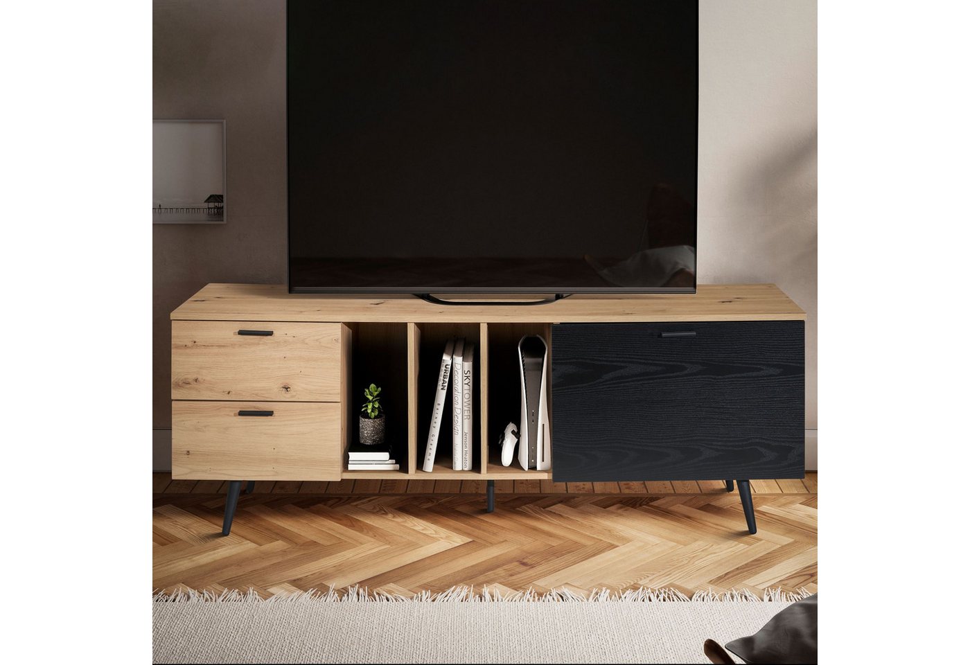 FINEBUY Lowboard FB56056 (Eiche-Dekor, 150x55x40 cm, zwei Schubladen), TV-Kommode Hoch, TV-Schrank Modern Fernsehtisch von FINEBUY