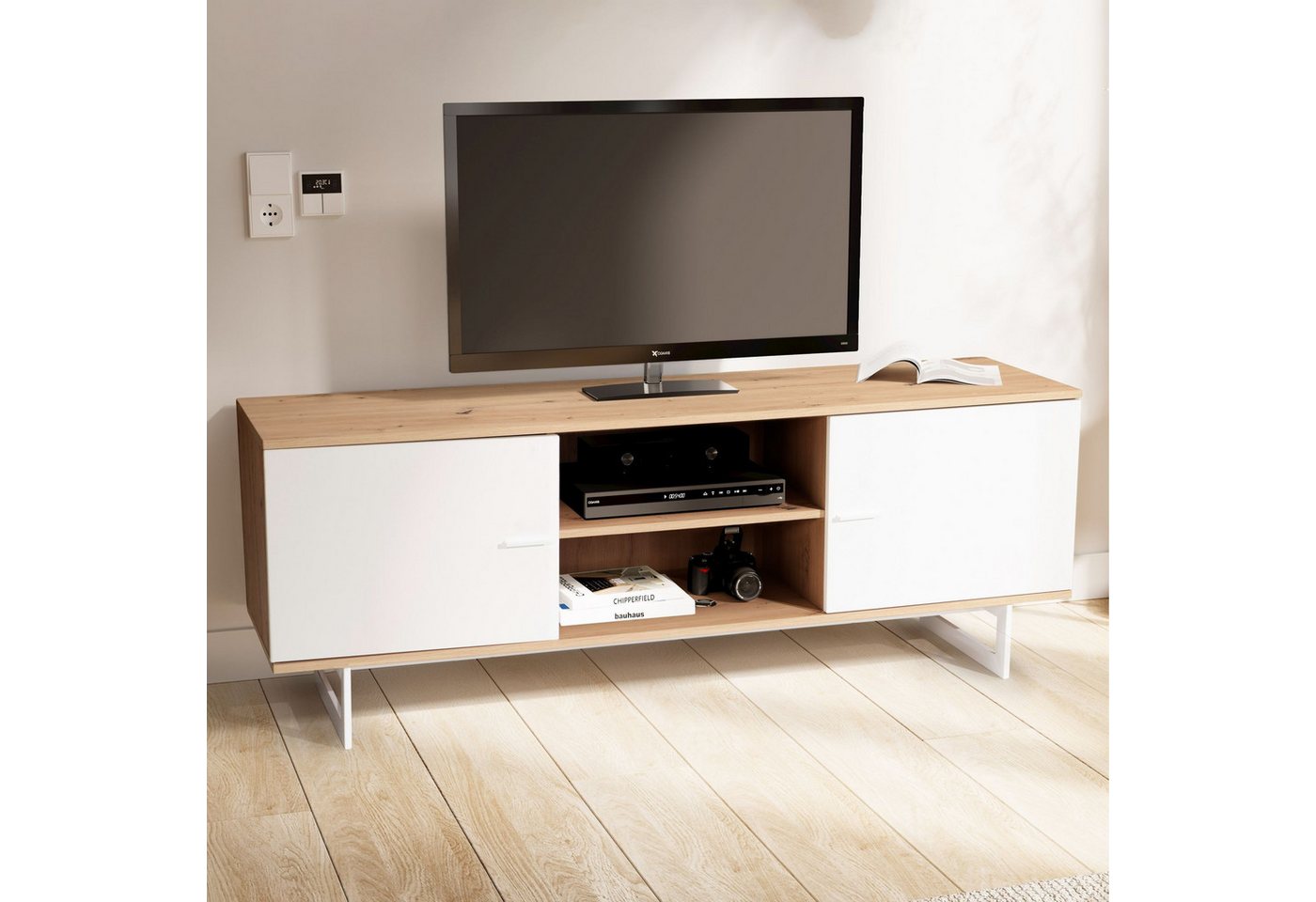 FINEBUY Lowboard FB56087 (Eiche-Dekor Weiß, 150x55x40 cm, zwei Türen), TV-Kommode Hoch, TV-Schrank Modern Fernsehtisch von FINEBUY