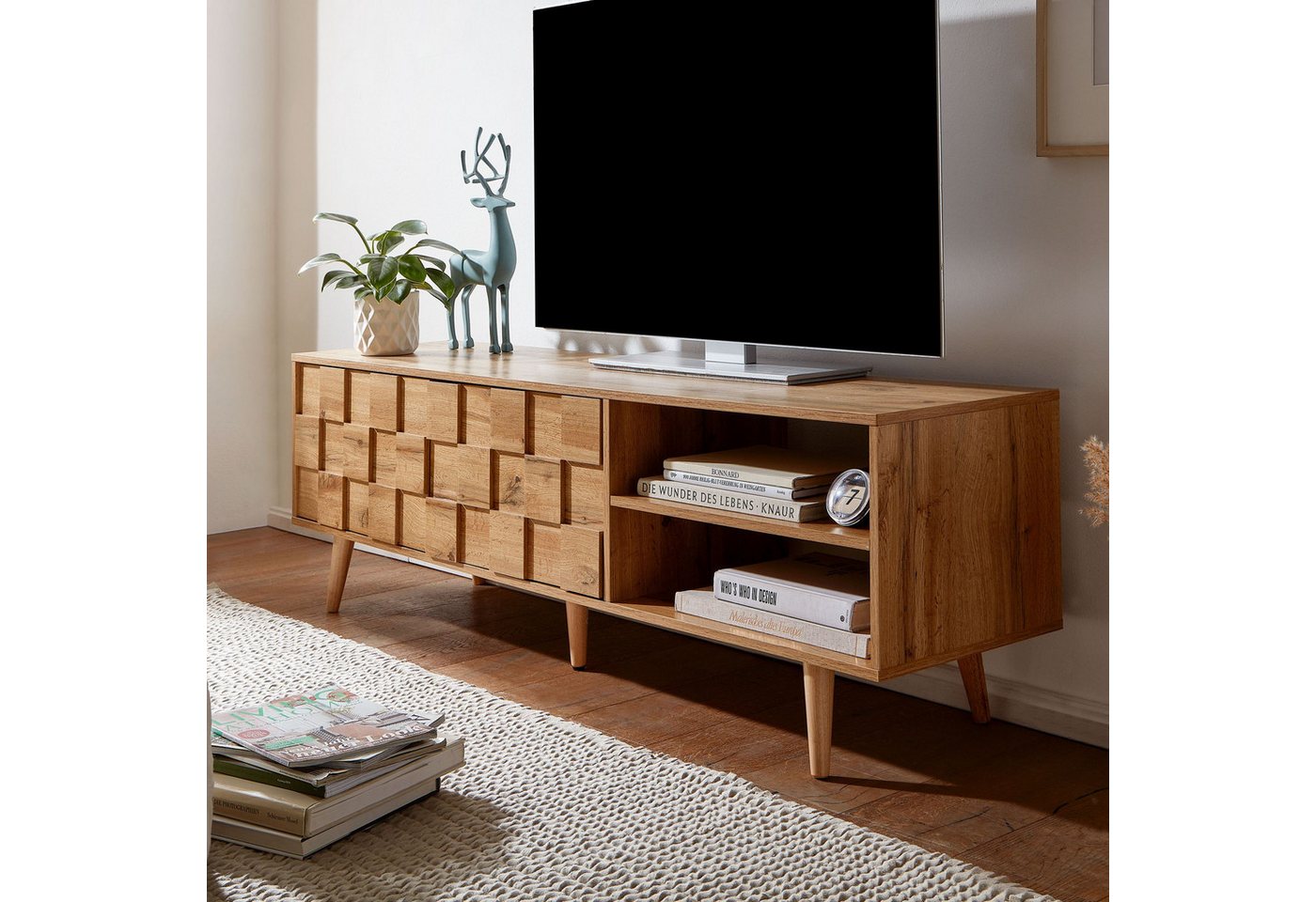 FINEBUY Lowboard FB76183 (Holz Eiche-Dekor 160x51x40 cm mit zwei Türen), TV-Kommode Hoch, TV-Schrank Modern, Fernsehtisch von FINEBUY