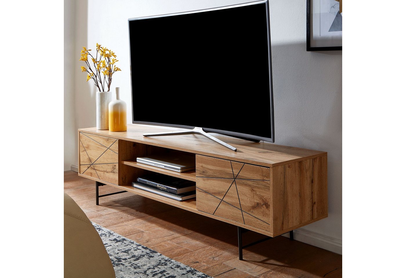 FINEBUY Lowboard FB76449 (Holz Eiche-Dekor 160x45x40 cm mit zwei Türen), TV-Kommode Hoch, TV-Schrank Modern, Fernsehtisch von FINEBUY