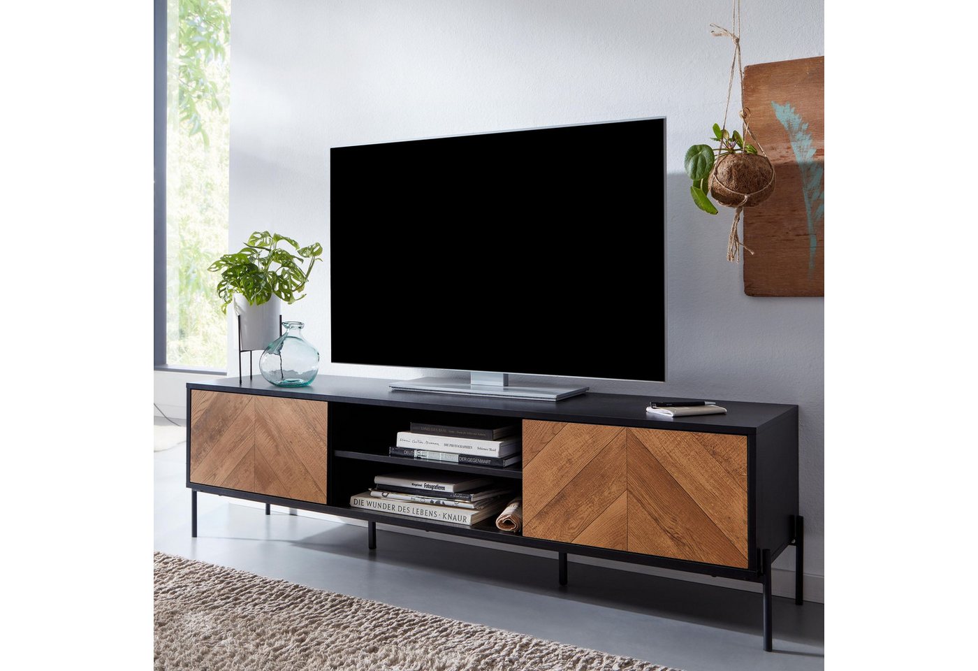 FINEBUY Lowboard FB77738 (Holz Schwarz / Eiche-Dekor 163x45x40 cm zwei Türen), TV-Kommode Hoch, TV-Schrank Modern, Fernsehtisch von FINEBUY