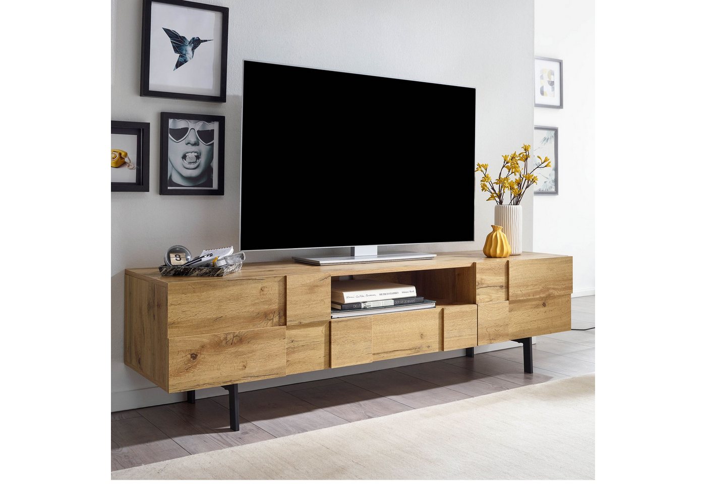 FINEBUY Lowboard FB77754 (Holz Eiche-Dekor 160x46x43 cm mit zwei Türen), TV-Kommode Hoch, TV-Schrank Modern, Fernsehtisch von FINEBUY