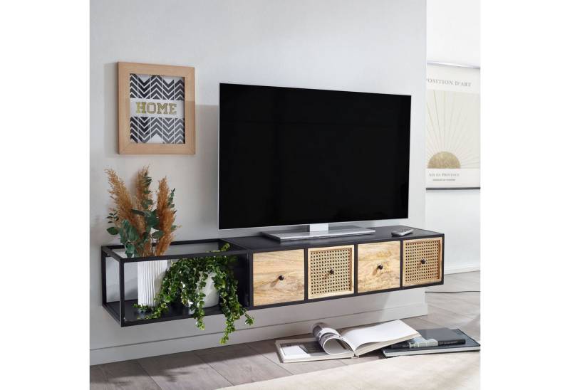 FINEBUY Lowboard FB77760 (Hängend Mango Massivholz / Metall 150x25x35 cm), TV-Schrank Schwarz, Fernsehtisch Wiener Geflecht von FINEBUY