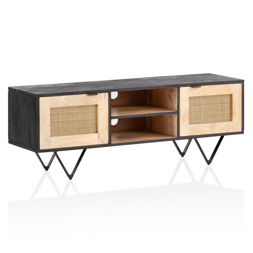 FINEBUY Lowboard FB98189 (Mango Massivholz / Rattan 120x44x35 cm, zwei Türen), TV-Schrank mit Stauraum, Fernsehkommode Modern von FINEBUY