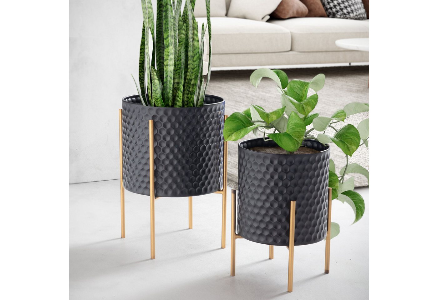 FINEBUY Pflanzkübel FB92214 Blumentopf Pflanzenkübel 2er Set Metall Schwarz Gold Rund (Blumentopf 2er Set Metall Schwarz Gold Rund), Pflanzenkübel 2-teilig, Blumenkübel Pflanzgefäß von FINEBUY