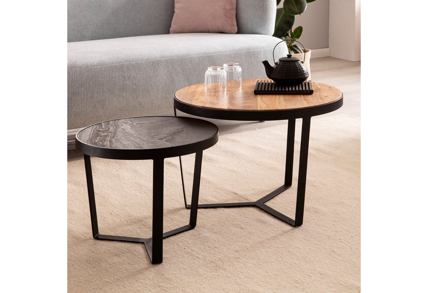 FINEBUY Satztisch FB55603 Couchtisch Wohnzimmertisch 2er Set Rund Holz / Steinoptik (Couchtisch 2er Set Akazie Massivholz / Steinoptik), Wohnzimmertisch Modern, Sofatisch 2-teilig von FINEBUY