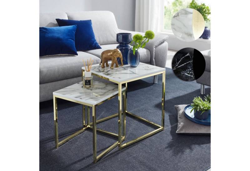 FINEBUY Satztisch FB24018 (2er Set Weiß Marmor Optik Eckig, Beistelltisch), Couchtisch 2-teilig, Anstelltisch Modern Klein von FINEBUY