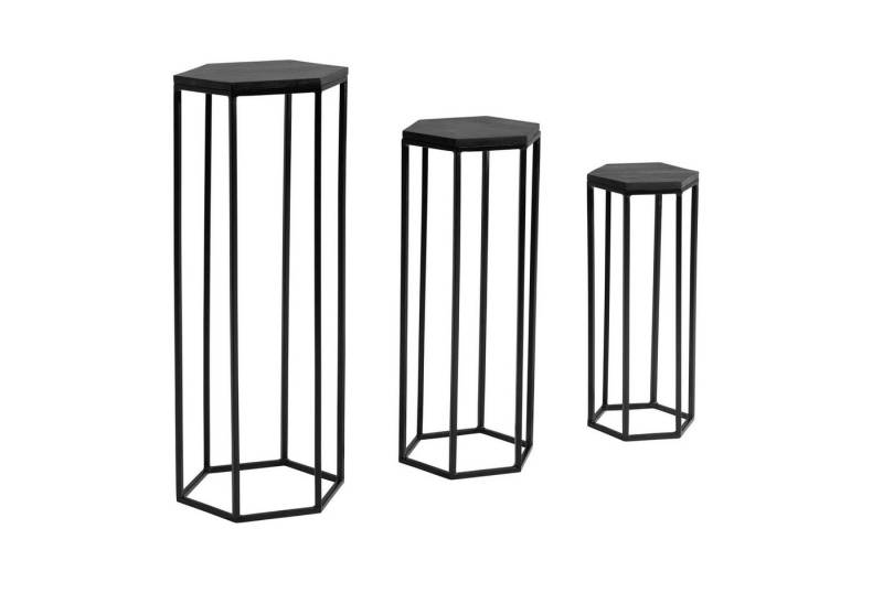 FINEBUY Satztisch Satztisch Massivholz Blumentisch 3er Set Säulentisch Dekosäule Eckig (Beistelltisch 3er Set Mango Massivholz / Metall), Pflanzentisch Blumentisch, Dekosäule Sechseckig von FINEBUY