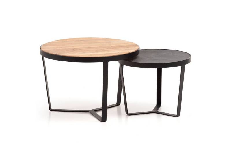 FINEBUY Satztisch FB55603 (Couchtisch 2er Set Akazie Massivholz / Steinoptik), Wohnzimmertisch Modern, Sofatisch 2-teilig von FINEBUY