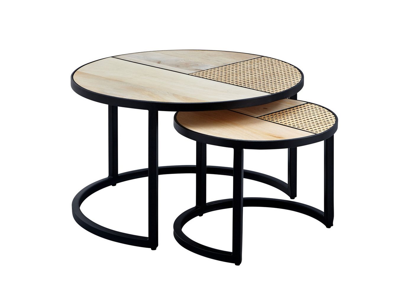 FINEBUY Satztisch FB63019 (Beistelltisch Metallbeine, 2er Set Mango / Rattan), Wohnzimmertisch Wiener Geflecht, Couchtisch Rund von FINEBUY