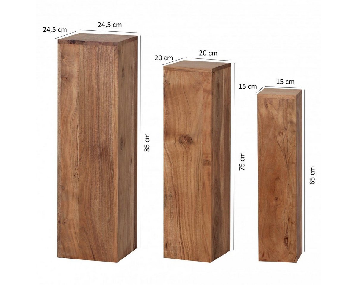 FINEBUY Satztisch Satztisch Massivholz Blumentisch 3er Set Säulentisch Dekosäule Eckig (Beistelltisch 3er Set Akazie Massivholz Modern), Dekosäule Quadratisch Pflanzentisch Blumentisch von FINEBUY