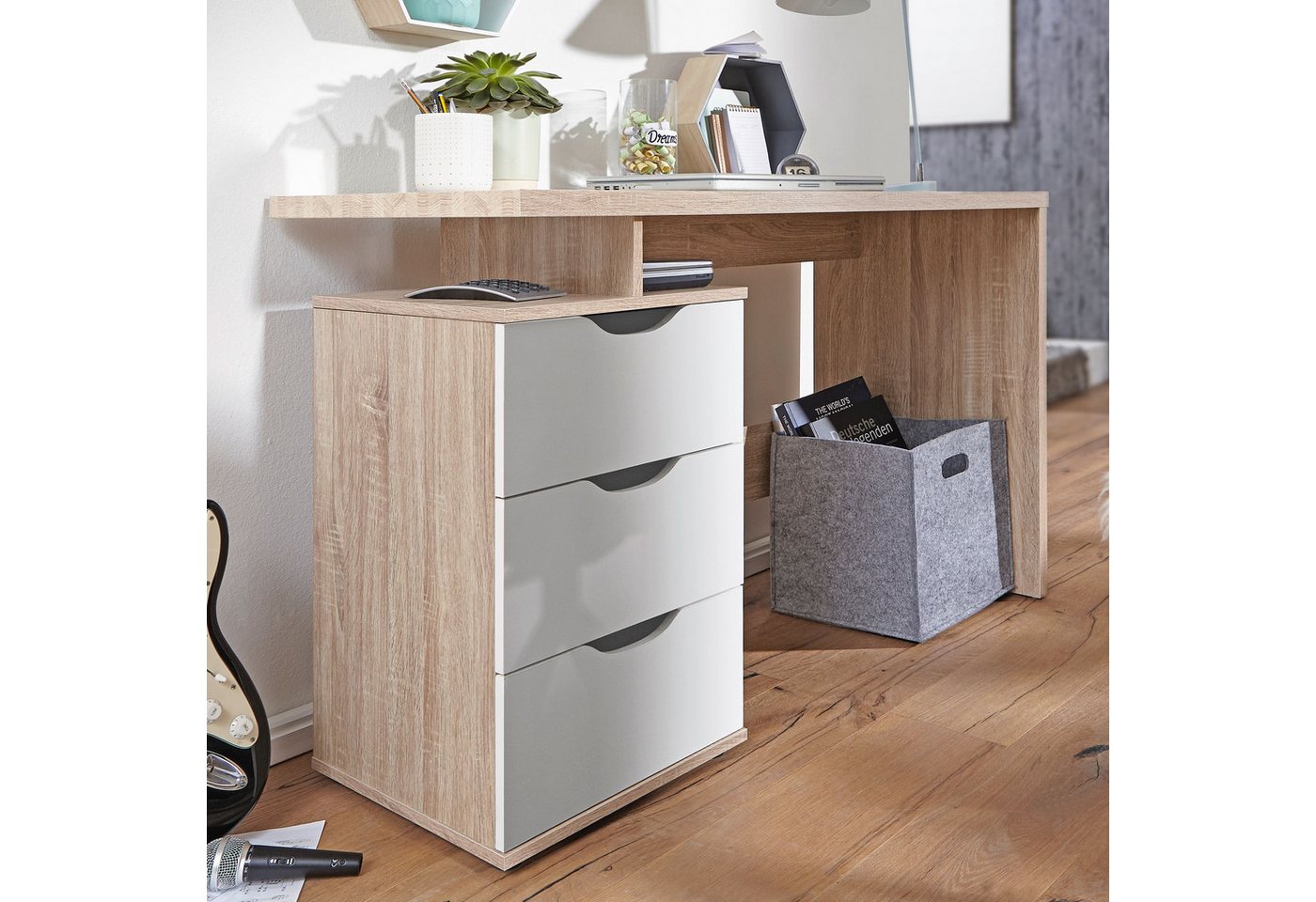 FINEBUY Schreibtisch FB43356 (120x76x53 cm mit 3 Schubladen Sonoma Eiche / Weiß), Bürotisch Home Office, PC-Tisch mit Stauraum von FINEBUY