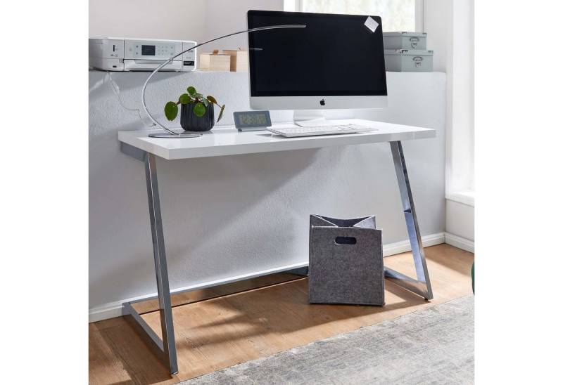 FINEBUY Schreibtisch FB79113 (120x55x76 cm Hochglanz Weiß / Silber Modern), Computertisch Metallbeine, Bürotisch Home-Office von FINEBUY