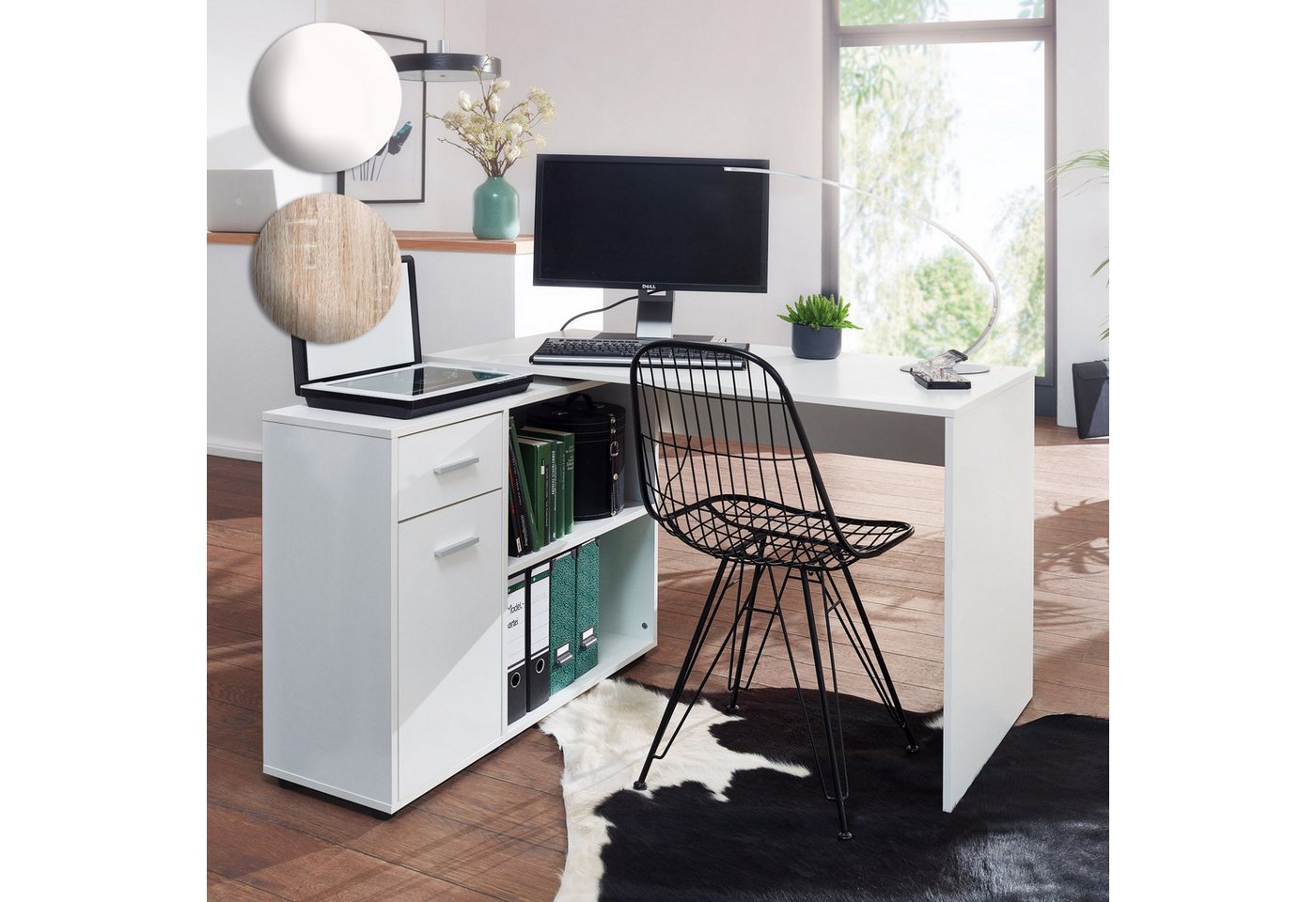 FINEBUY Schreibtisch SuVa11890_1 (Eckschreibtisch 120 x 75,5 x 106,5 cm Weiß), HomeOffice Bürotisch Schreibtischkombination von FINEBUY