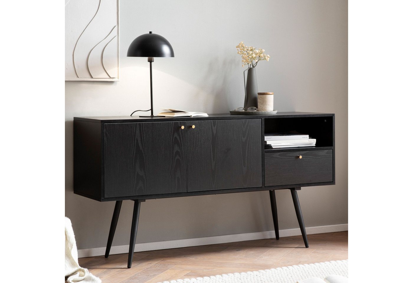 FINEBUY Sideboard FB100035 (140x75x40 cm Anrichte, Eiche-Dekor Schwarz), Kommode 2 Türen, Hoher Kommodenschrank von FINEBUY