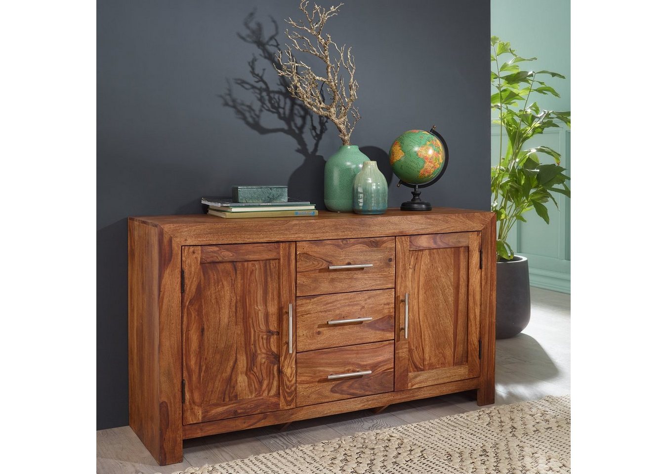 FINEBUY Sideboard FB34443 (Sheesham Massivholz 118 cm, 3 Schubladen 2 Türen), Highboard Landhausstil braun Kommode natur von FINEBUY