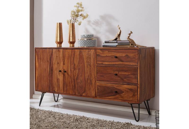 FINEBUY Sideboard FB51420 (Sheesham Massivholz 145x75x40 cm Landhaus Kommode), Anrichte Groß, Schrank mit 2 Türen & 3 Schubladen von FINEBUY