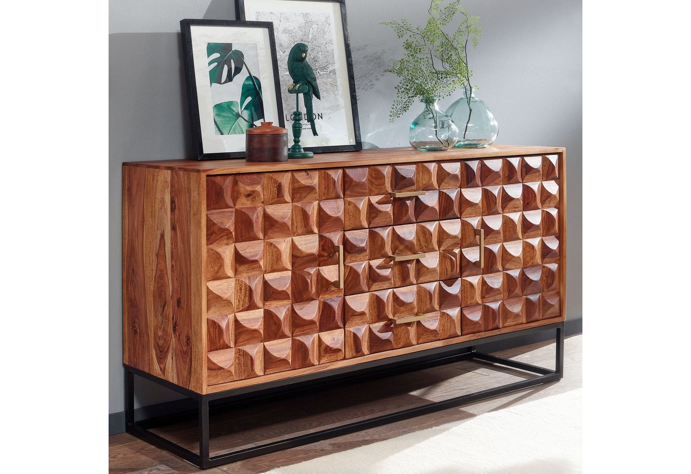 FINEBUY Sideboard FB78914 (145x81x45 cm Sheesham Massivholz / Metall Anrichte), Kommode mit zwei Türen, Kommodenschrank Holz von FINEBUY