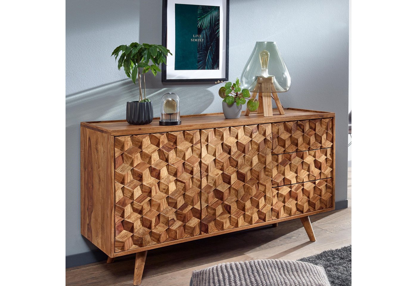 FINEBUY Sideboard FB79509 (138x76x45 cm Sheesham Massivholz, Anrichte Modern), Kommodenschrank Wohnzimmer, Kommode mit Türen von FINEBUY