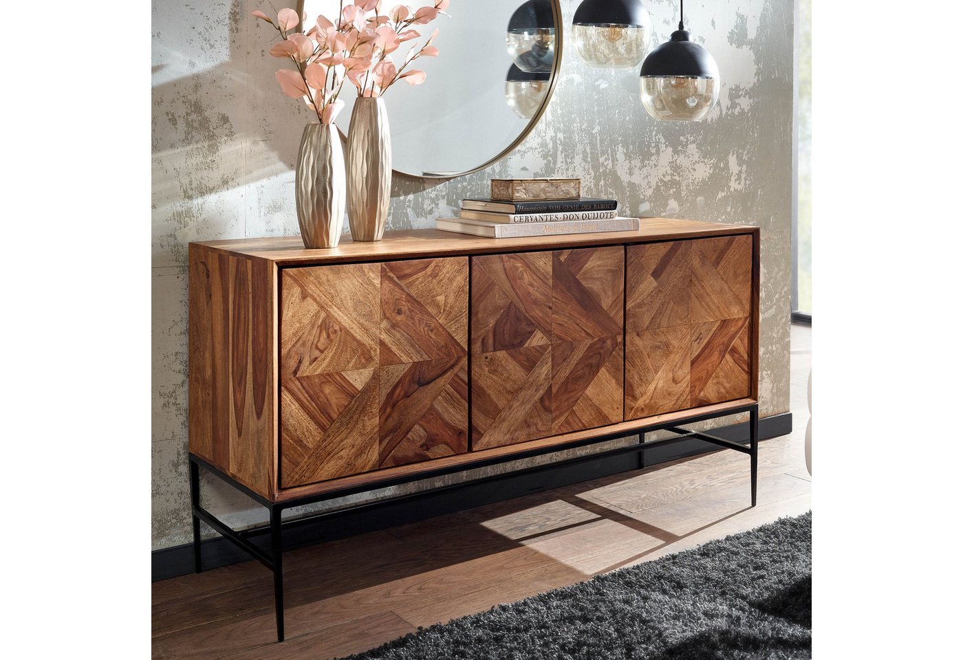 FINEBUY Sideboard FB79614 (123x70x45 cm Sheesham Massivholz, Anrichte Modern), Kommodenschrank Wohnzimmer, Kommode mit Türen von FINEBUY