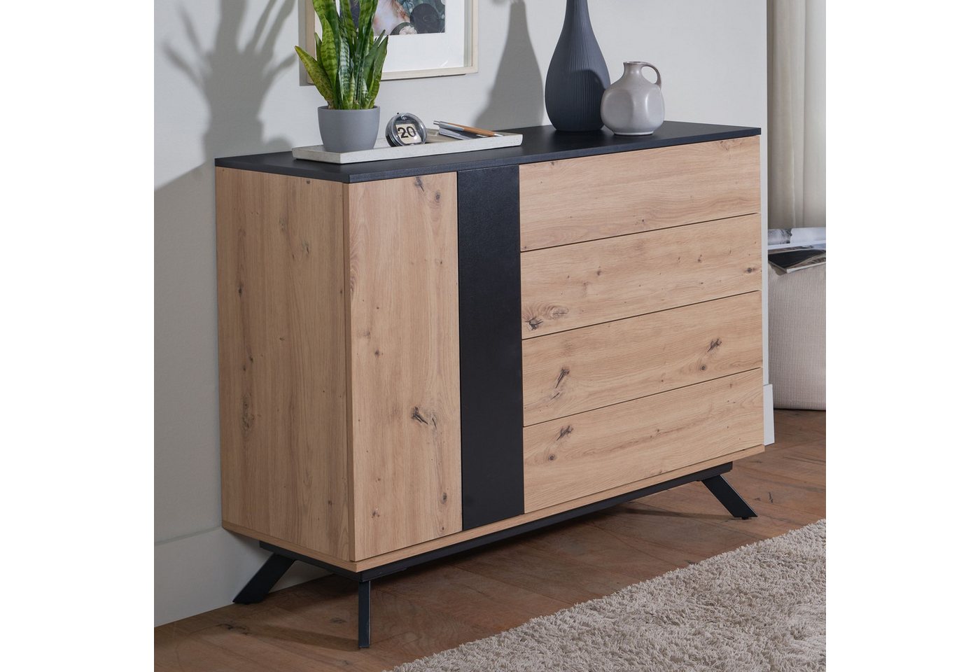 FINEBUY Sideboard FB87065 (110x87x40 cm MDF Eiche-Optik / Schwarz, Kommode), Anrichte Modern, Standschrank mit Schubladen von FINEBUY