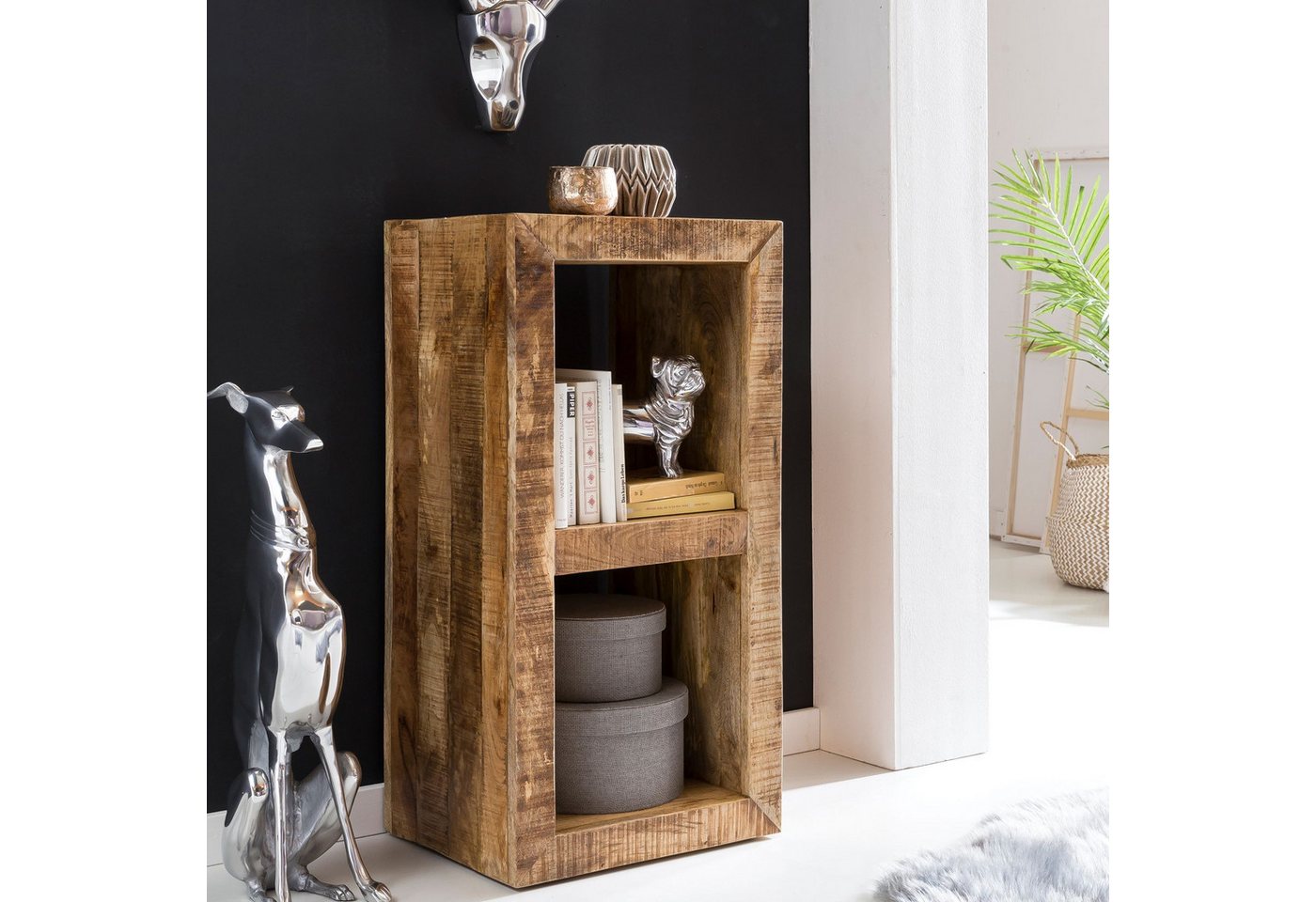 FINEBUY Standregal FB45542, Massivholz Mango Regal 90 x 45 x 35 cm 2 Böden, Kleines Bücherregal, Holzregal Natur Rustikal von FINEBUY