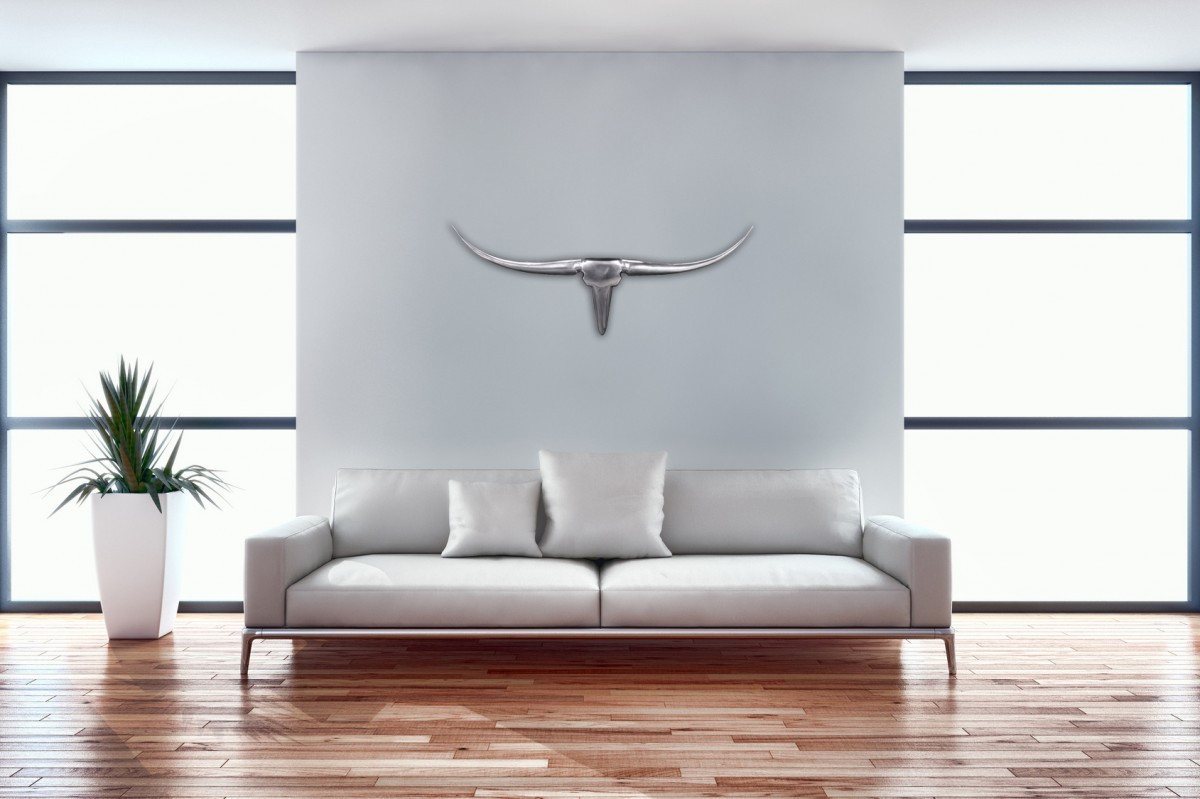 FINEBUY Wanddekoobjekt FB37876 (Deko Hirschgeweih Aluminium 74 cm Silber modern), Wanddeko Metall Design Hirschkopf Geweih Wand groß von FINEBUY