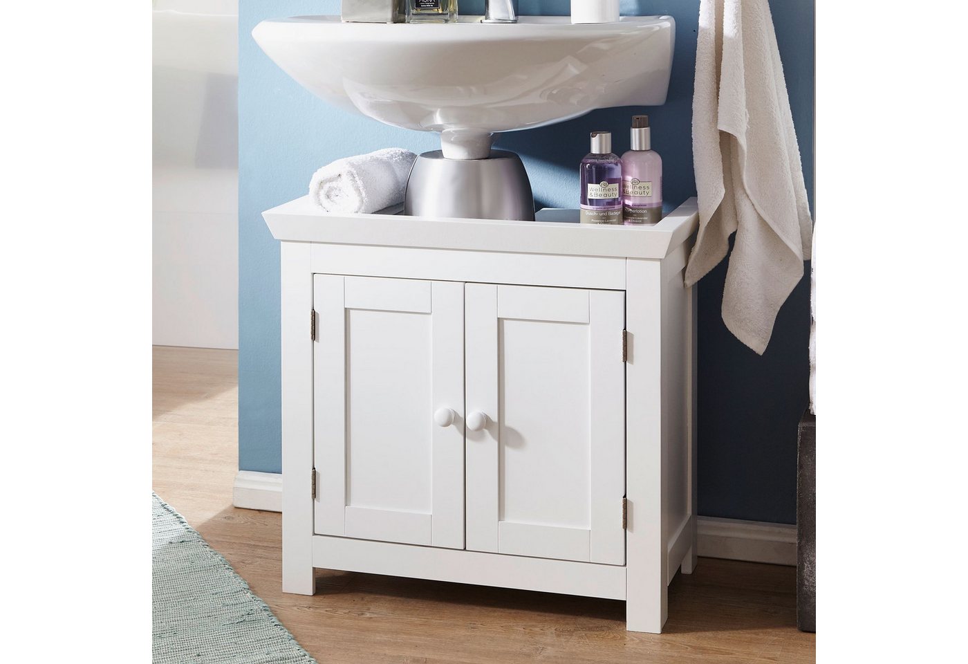 FINEBUY Waschbeckenunterschrank FB37103 (Badunterschrank 57x55,5x30 cm Weiß mit 2 Türen) Waschtischunterschrank Modern, Badschrank Stehend von FINEBUY
