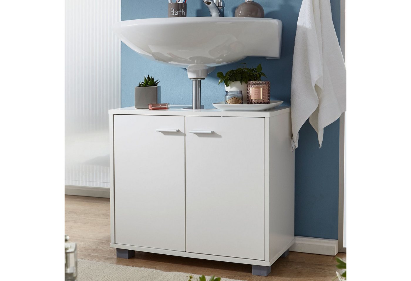 FINEBUY Waschbeckenunterschrank FB37117 (Badunterschrank 60x55x30 cm Weiß mit 2 Türen) Waschtischunterschrank Modern, Badschrank Stehend von FINEBUY