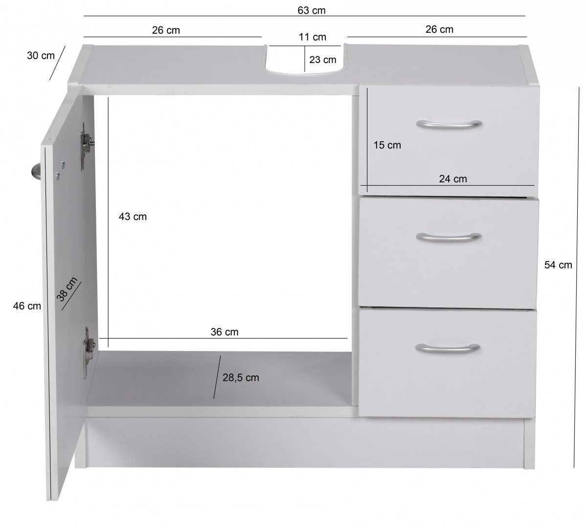 FINEBUY Waschbeckenunterschrank FB37562 (Badunterschrank 54x63x30 cm Weiß mit Tür & Schüben) Waschtischunterschrank Modern, Badschrank Stehend von FINEBUY