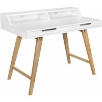 Schreibtisch 110 x 85 x 60 cm MDF-Holz skandinavisch weiß matt Arbeitstisch, Design Laptoptisch mit Kabeldurchlass, Bürotisch mit Eiche-Beinen von FINEBUY