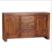 Sideboard Massivholz Sheesham Kommode 118 cm 3 Schubladen 2 Türen Design Highboard Landhaus-Stil braun natur - Finebuy von FINEBUY