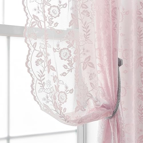 FINECITY Pinke Spitzenvorhänge, 213 cm Länge, rustikales Landhaus-Blumendesign, Spitze, durchscheinende Vorhänge, 2 Paneele, Set für Mädchenzimmer, Privatsphäre, gewellt, von FINECITY