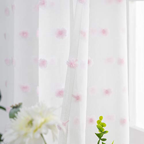 FINECITY Pom Pom Vorhänge für Mädchenzimmer – Stangentasche, Lichtfilter, Bestickt, durchscheinende Vorhänge, 160 cm lang, 2 Paneele mit schickem rosa Pompon-Design, Voile-Vorhänge für Schlafzimmer, von FINECITY