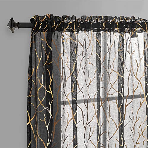 FINECITY Schwarz Gold Vorhänge 96 Zoll Länge - Schwarz Sheer Vorhänge mit Gold Baum Zweig Muster für Wohnzimmer Pocket Headader Schwarz Fenstervorhang Paneel Set von 2 Stück 132 x 244 cm Gold Schwarz von FINECITY