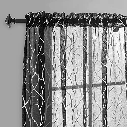 FINECITY Silberne und schwarze Vorhänge für Wohnzimmer – bedruckte Silberfolie, künstlerischer Baumzweig, durchsichtige Vorhänge, schwarz, 244 cm Länge, Sichtschutz, Fenstervorhang-Set, 2 Paneele, 132 von FINECITY