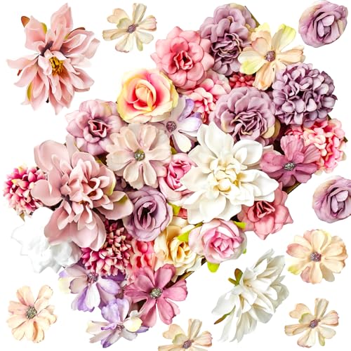 FINEVERNEK 42 Stück Kunstblumen Köpfe, Kunstblumen zum Basteln mit 12 Stile, 4~8cm Stoffblumen, Mini Deko Blumen Künstlich, für DIY Basteln Scrapbooking Hochzeit Party Home Handwerk Deko von FINEVERNEK