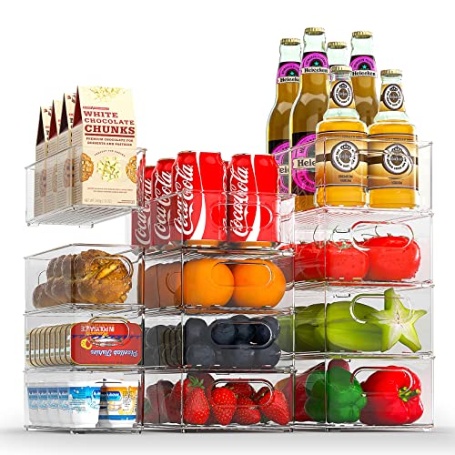 FINEW Kühlschrank Organizer 12er Set (4 Klein, 4 Mittel, 4 Groß), Stapelbar Kühlschrank Behälter, Durchsichtig Aufbewahrungsbox für Küche, Speisekammer, Schränke, Spülbecken, Badezimmer - BPA frei von FINEW