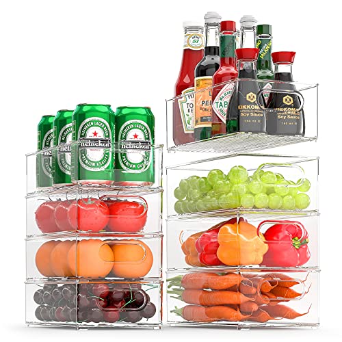 FINEW Kühlschrank Organizer 8er Set (4 Groß/4 Mittel Behälter), Stapelbare Speisekammer Vorratsbehälter, Durchsichtig Küche Aufbewahrungsbox & Organisation für Schränke, Fridge, spülbecken - BPA frei von FINEW