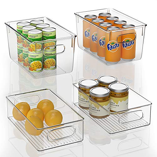 FINEW Set von 4 Stapelbare Kühlschrank Organizer - 2 Große/2 Mittel, Aufbewahrungsbox für Gefriergeräte, Küchenarbeitsplatten und Schränke, Clear Plastic Pantry Lebensmittelaufbewahrung- BPA Frei von FINEW