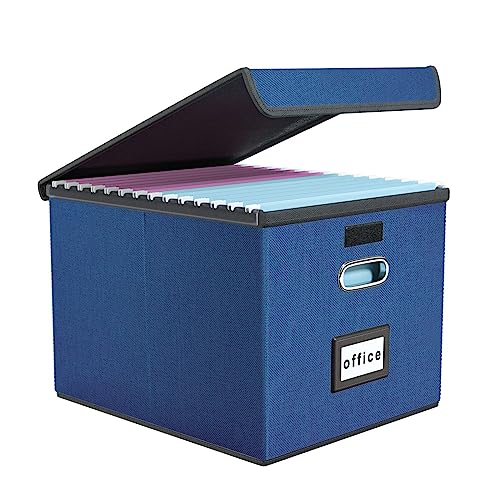 FINEW Stoff Faltbare Aufbewahrungsbox mit Deckel, Hängemappenbox für DIN A4 Hängeregister, Aufbewahrungsboxen für Büro, faltbox für Familien (Dunkelblau) von FINEW