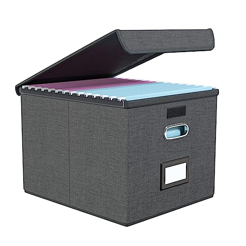 FINEW Stoff Faltbare Aufbewahrungsbox mit Deckel, Hängemappenbox für DIN A4 Hängeregister, Aufbewahrungsboxen für Büro, faltbox für Familien (Dunkelgrau) von FINEW