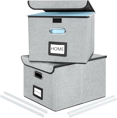 FINEW Stoff Faltbare Aufbewahrungsbox mit Deckel, Hängemappenbox für DIN A4 Hängeregister, Aufbewahrungsboxen für Büro, faltbox für Familien (Grau) 2 pack von FINEW