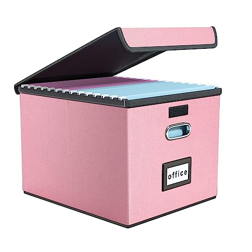 FINEW Stoff Faltbare Aufbewahrungsbox mit Deckel, Hängemappenbox für DIN A4 Hängeregister, Aufbewahrungsboxen für Büro, faltbox für Familien (Rosa) von FINEW