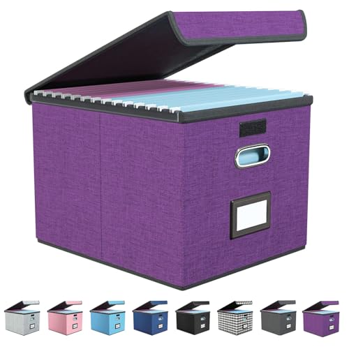 FINEW Stoff Faltbare Aufbewahrungsbox mit Deckel, Hängemappenbox für DIN A4 Hängeregister, Aufbewahrungsboxen für Büro, faltbox für Familien (Violett) von FINEW
